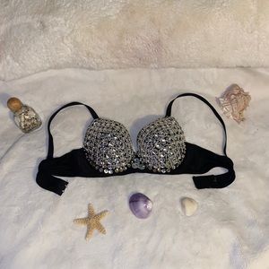 Bedazzled black and silver sequence stud lingerie, sparkly diamond, costume bra